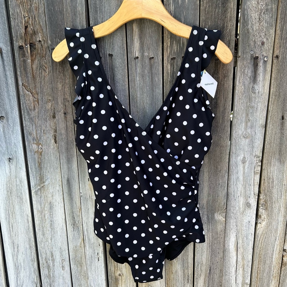 NWT Marina West Polka Dot Ruffle One Piece Swimsuit Black White L